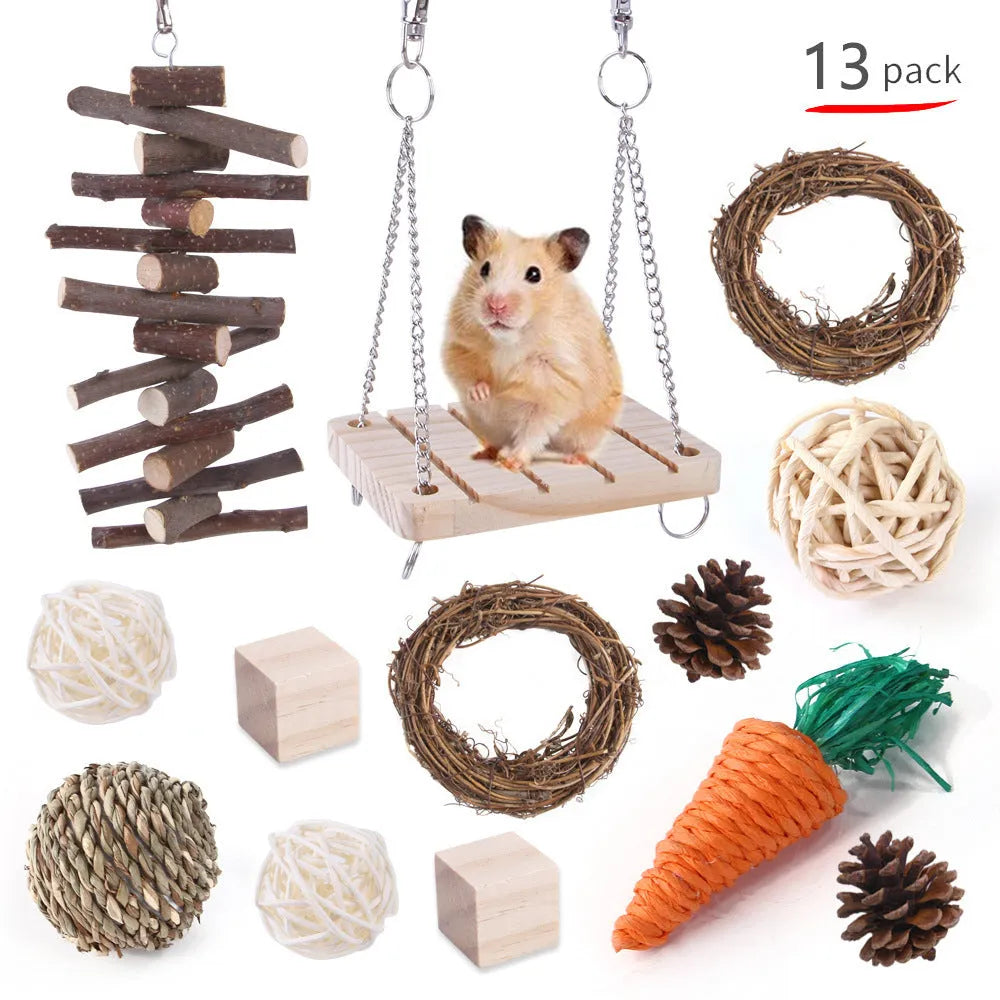 Wooden chew toy sets for rabbits, guinea pigs and parrots with various natural components