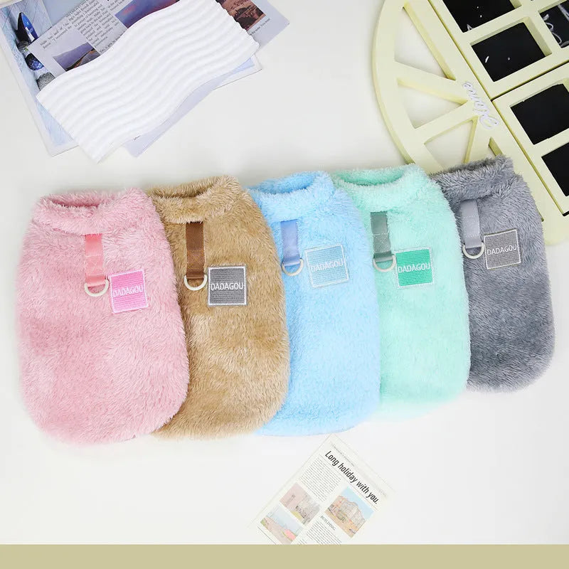 Coral fleece pet jacket with colourful pull rings in blue colour option