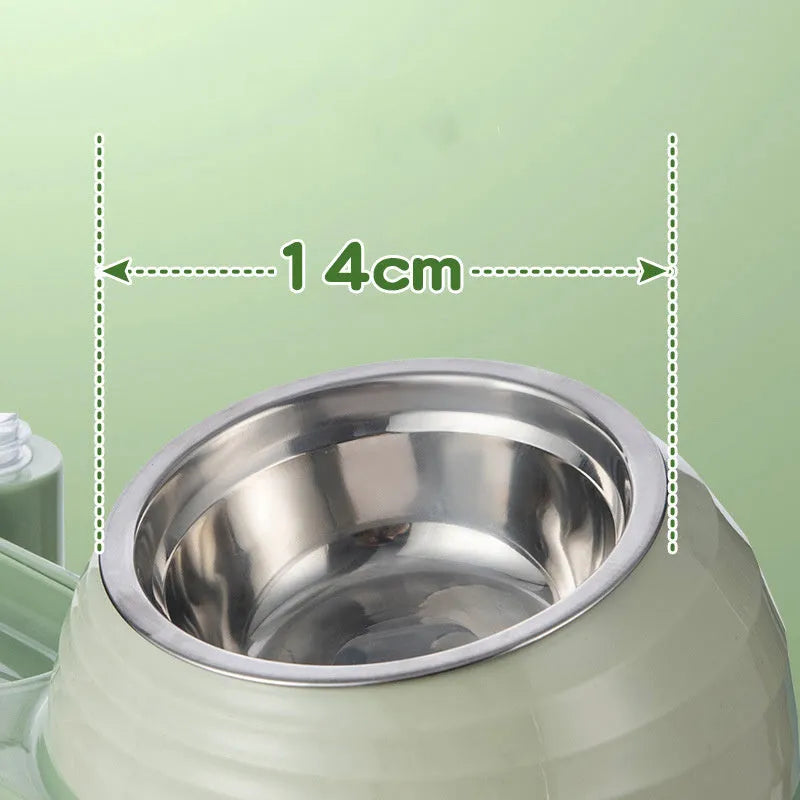 Brown elevated cat bowl with attached water dispenser bottle on a wooden floor.