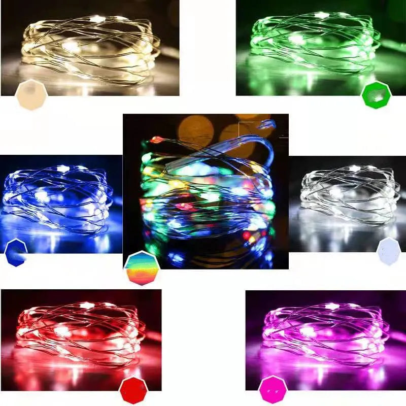 12 metre copper wire LED string lights with battery box and USB power option in various colours
