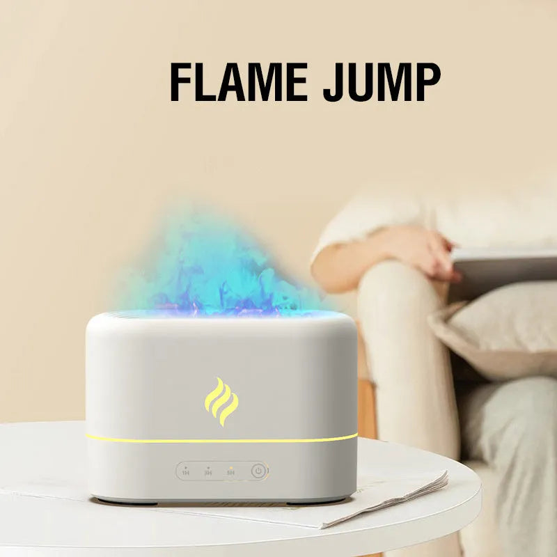 Black and white USB-powered humidifier with coloured flame LED light and aromatherapy function.