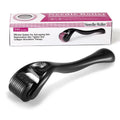 Close-up of a black derma roller showing its wheel of titanium microneedles.