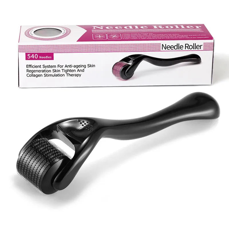 Close-up of a black derma roller showing its wheel of titanium microneedles.