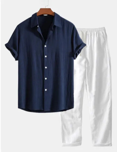 Men's casual cotton linen beachwear set with short sleeve shirt, matching shorts, and accessories including glasses, shoes, and watch