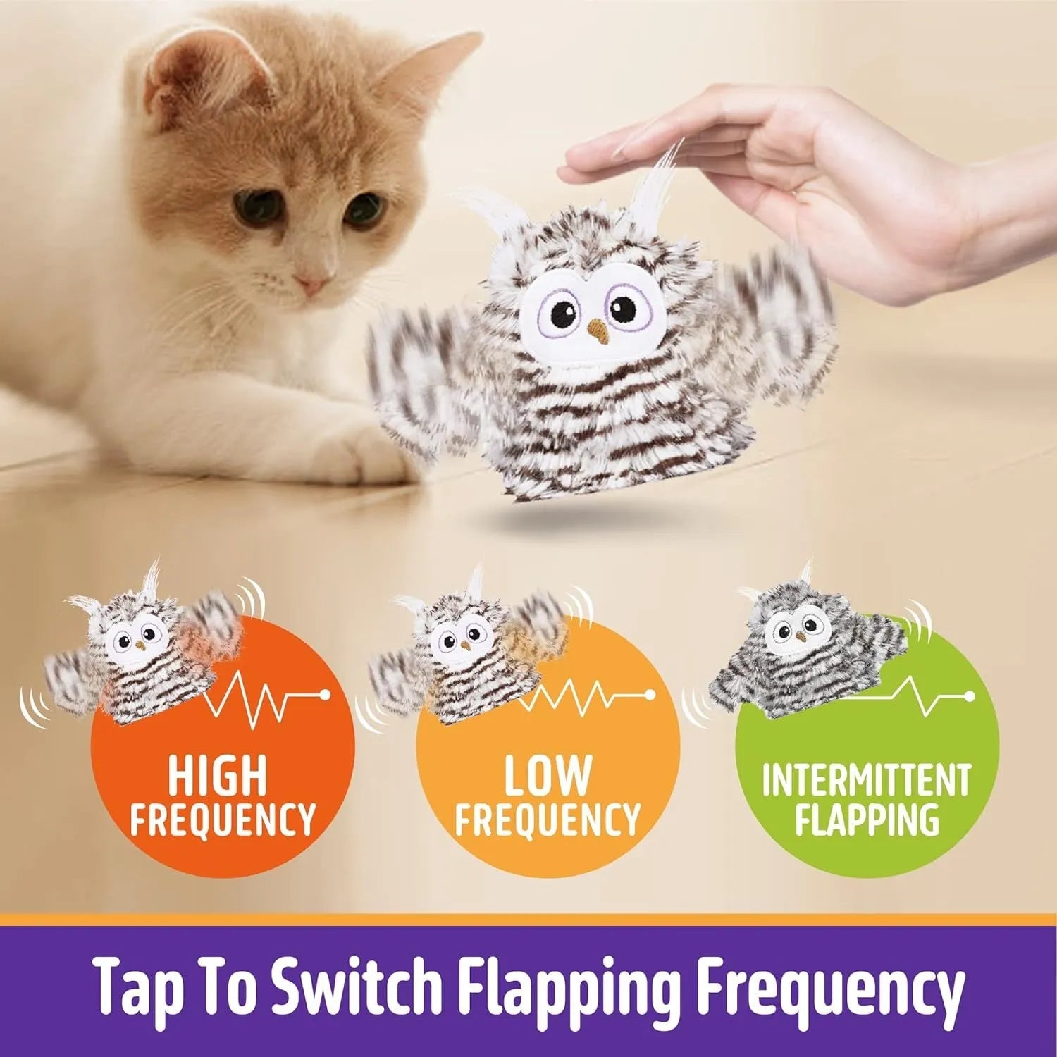 Grey owl-shaped automatic cat toy with flapping wings on charging cable