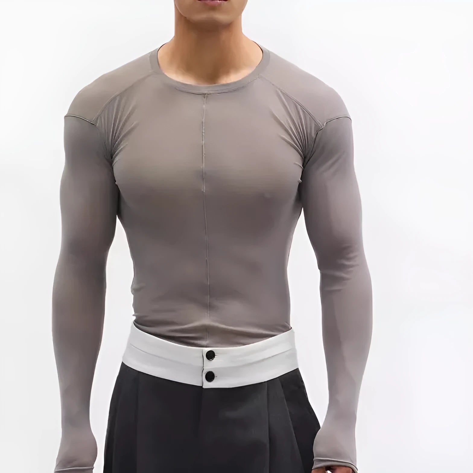 Black slim-fit long sleeve PU pullover with a see-through mesh texture on a model.