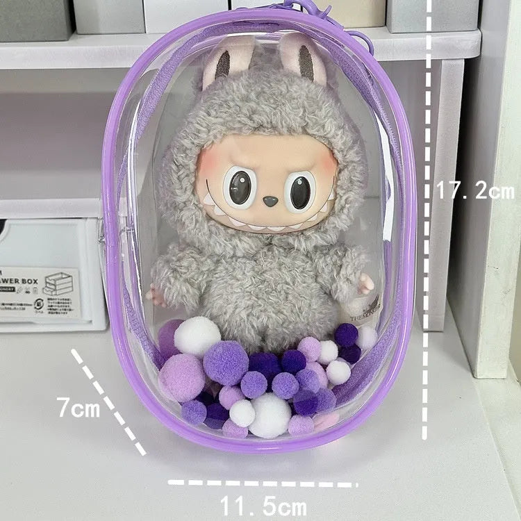 Transparent PVC cube storage bag for cotton dolls with zip closure, shown in avocado green colour.