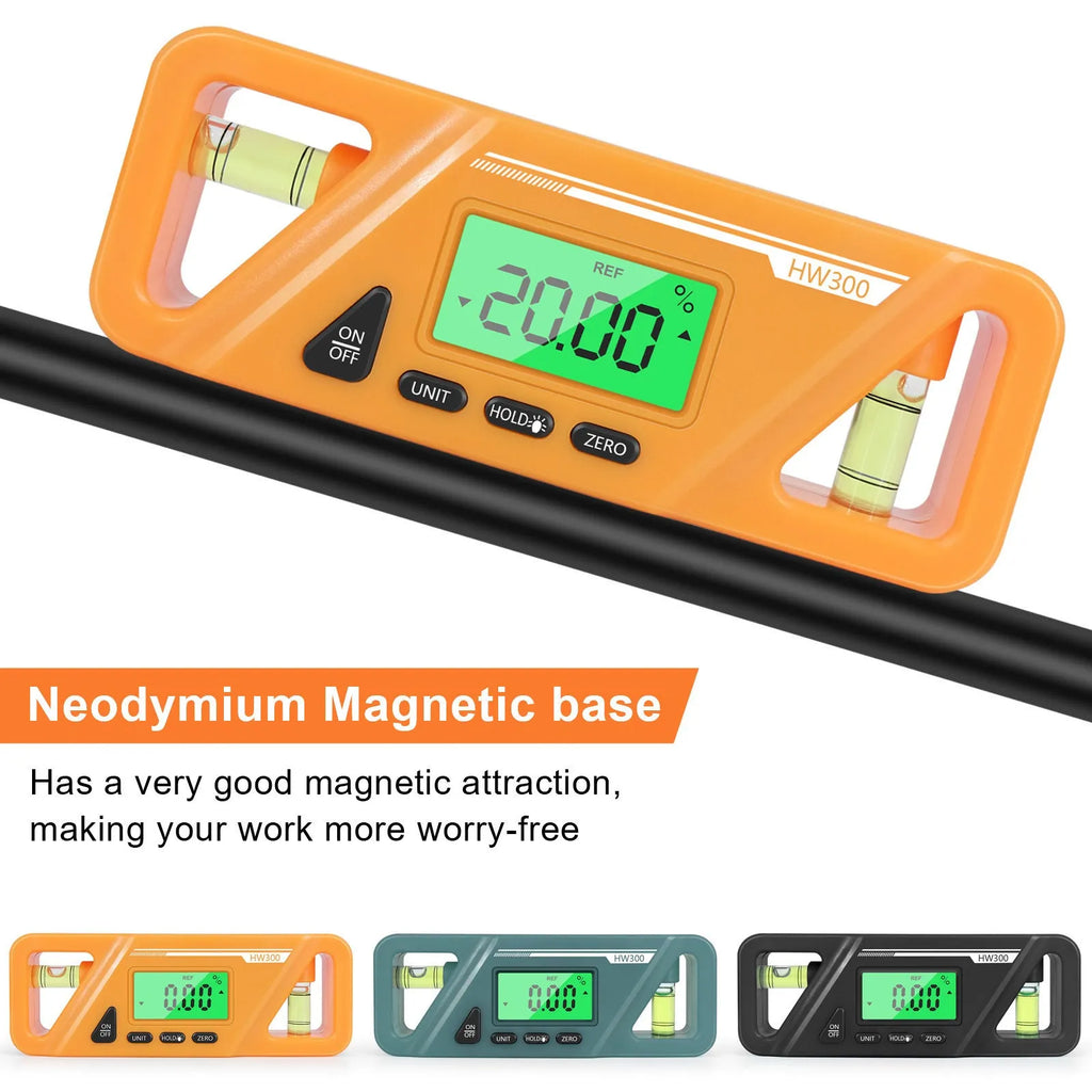Digital inclinometer level meter with magnetic base showing angle measurement on display