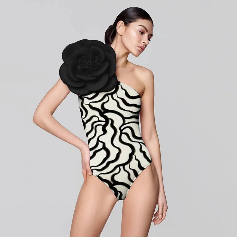 One-piece floral swimsuit on a hanger with optional matching skirt, showing European and American fit.