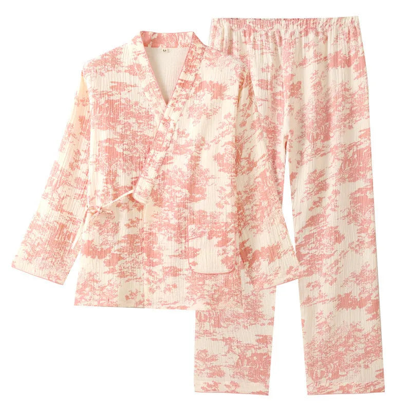 Women's pure cotton gauze loungewear set with lace-up trousers in frosted pine tree colours