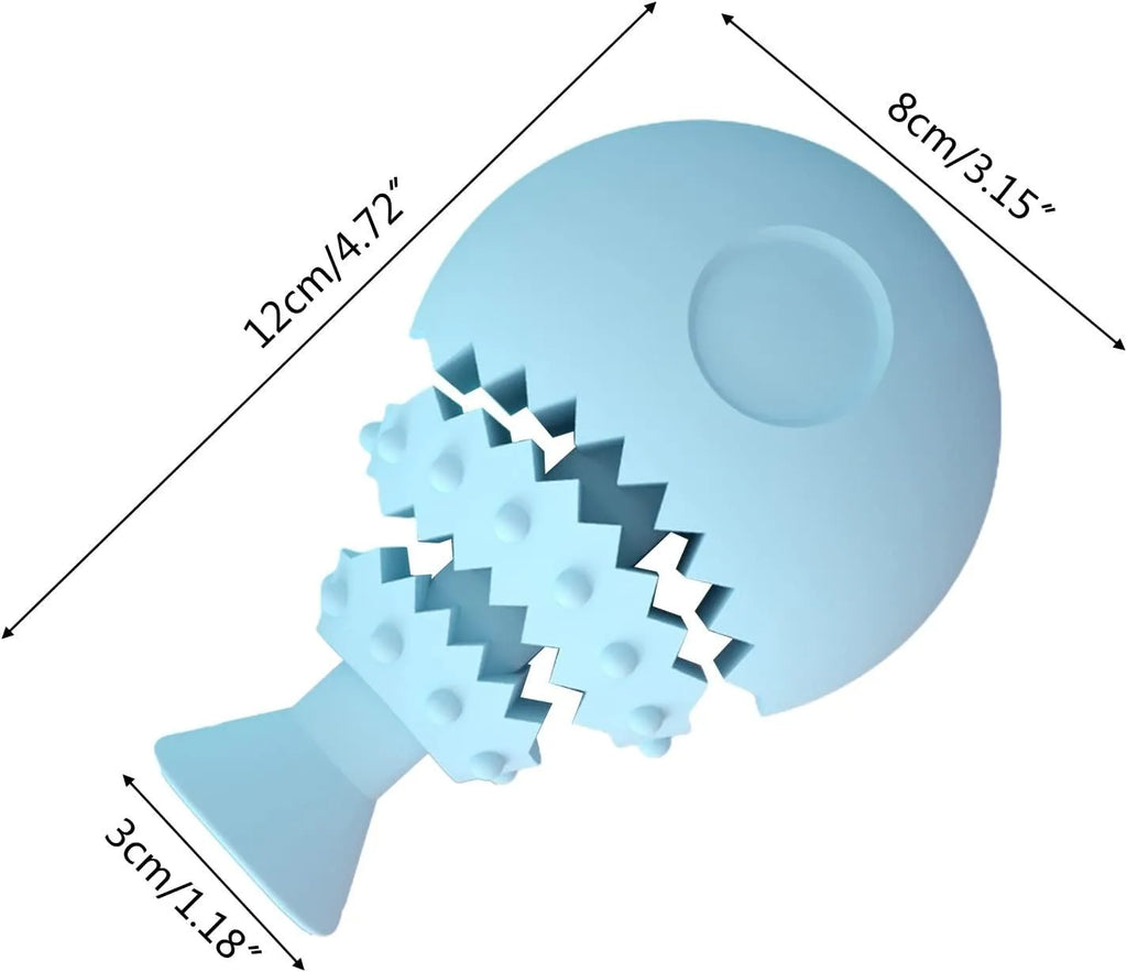 Blue fish bone shaped dog chew toy with a hole in the end for treats