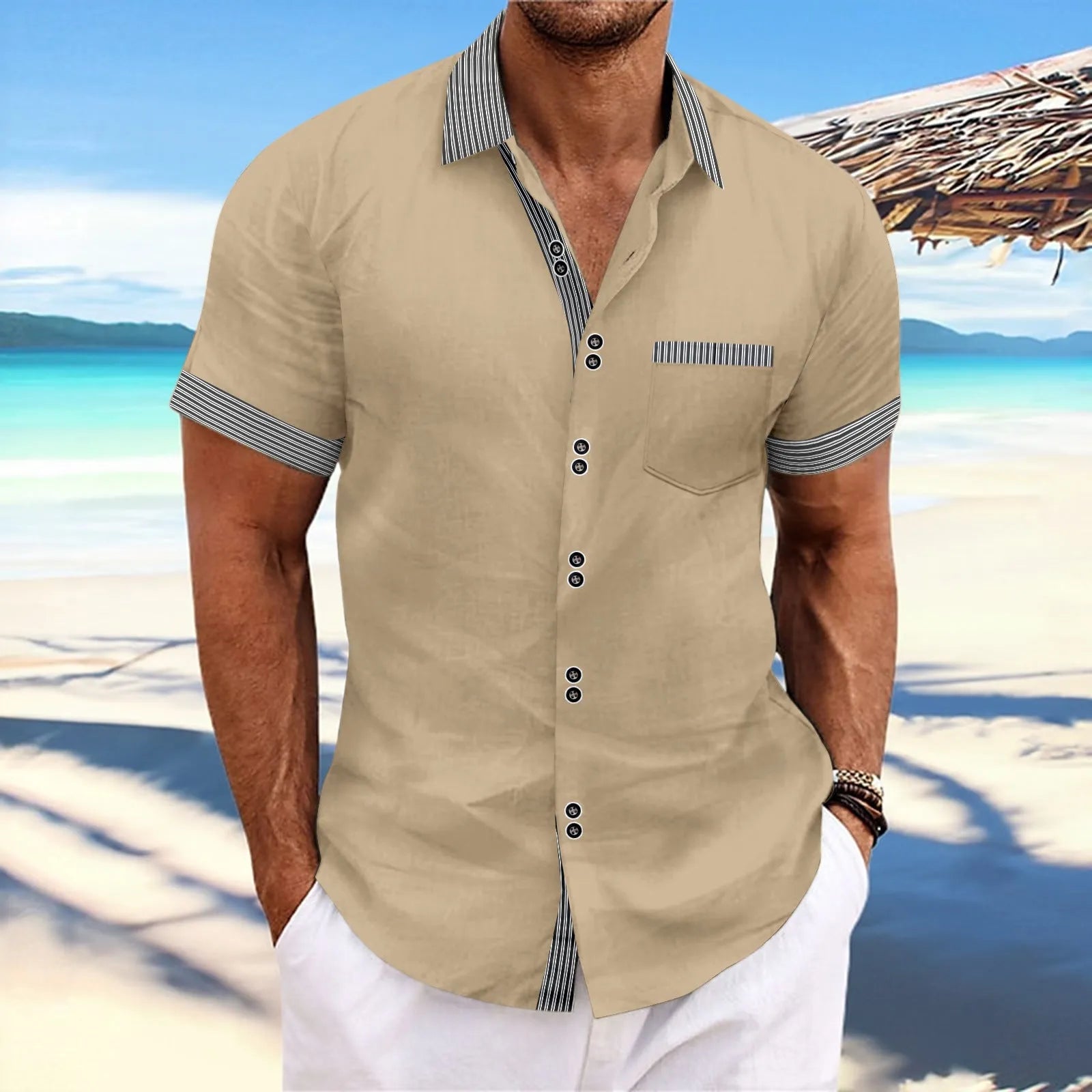 Man wearing a slim fit striped casual shirt with double button short sleeves in pure cotton.