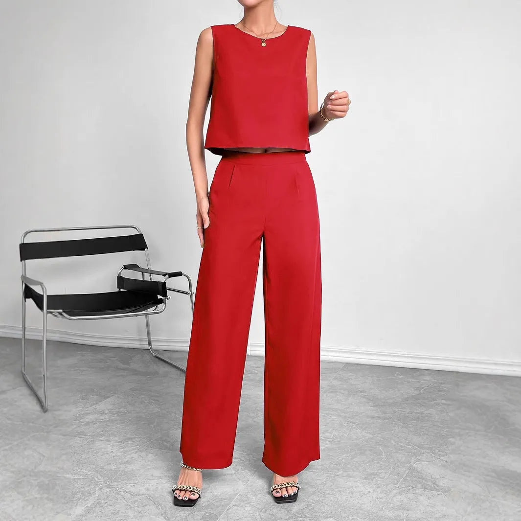 Red sleeveless top and wide leg pants two-piece set on a hanger.