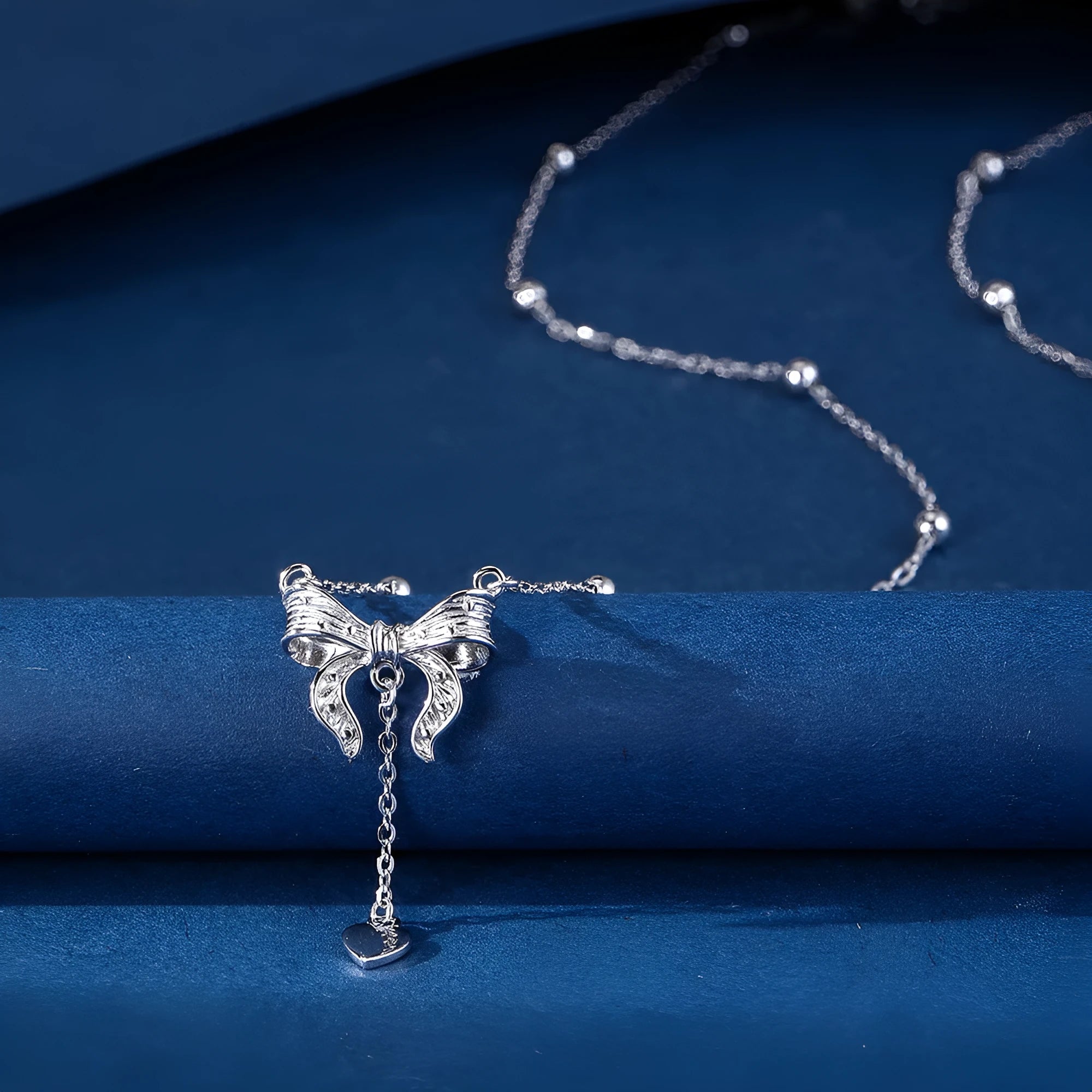 S925 pure silver butterfly heart necklace with adjustable 40-45cm chain and bow detail