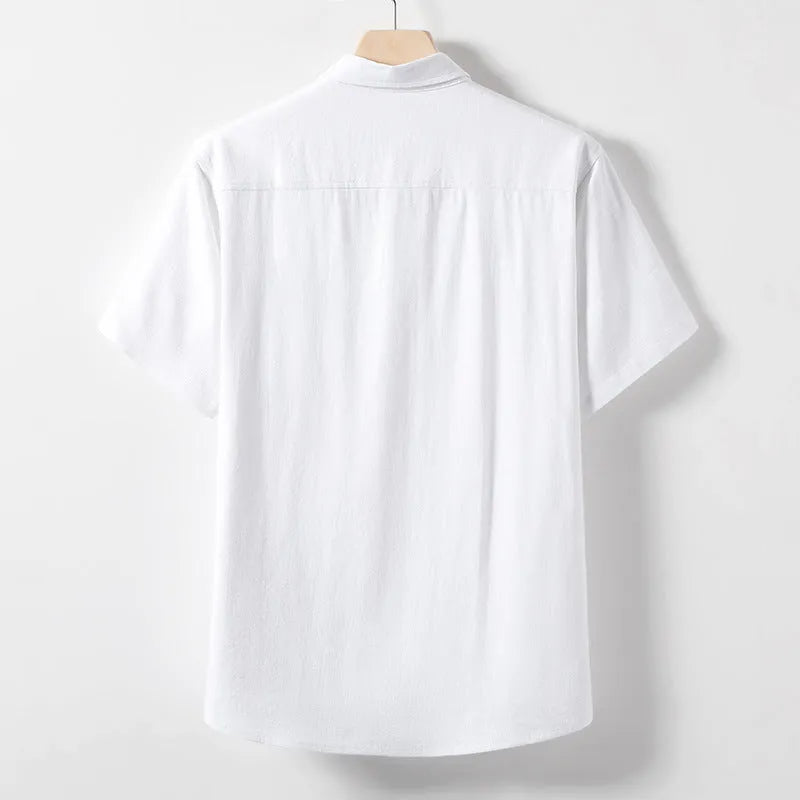 Men's linen t-shirt in hemp blend fabric with loose lapel design and short sleeves