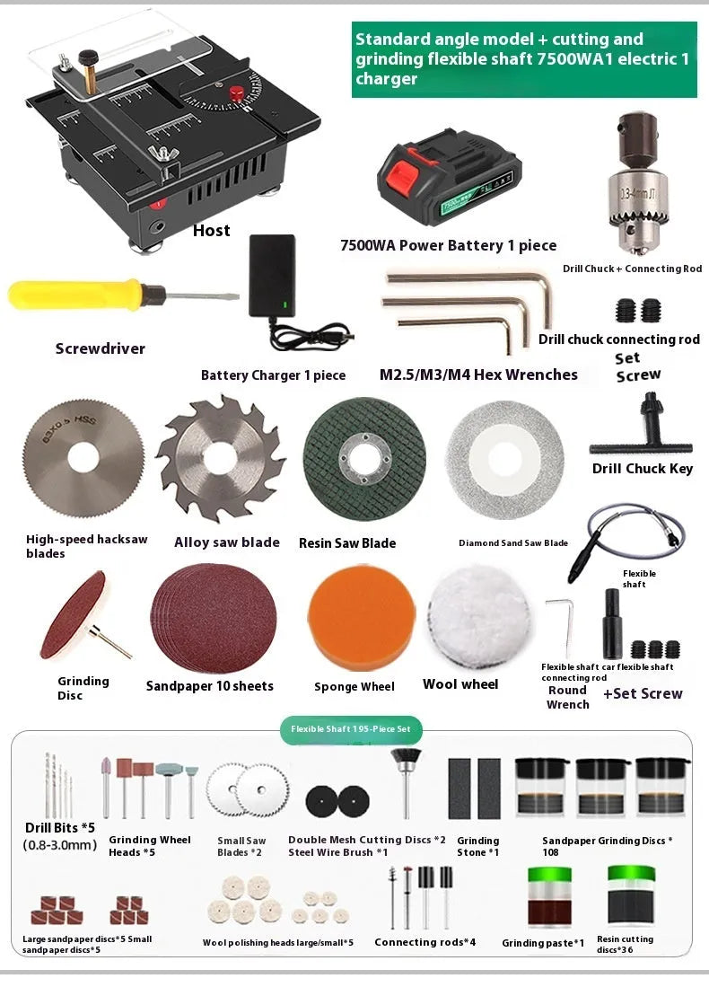 Lithium ion micro household desktop saw with metal construction showing multiple cutting angles