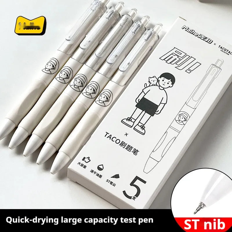 Five black 0.5mm ballpoint pens with plastic shells for student and office use