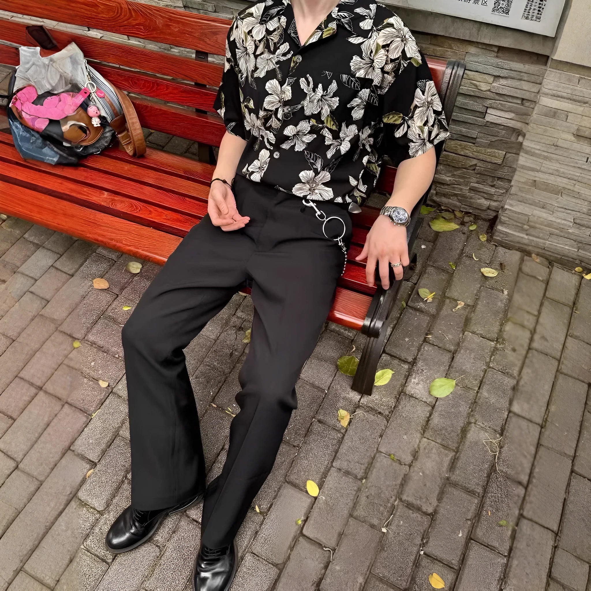 Black floral print men's shirt with Cuban collar in ice silk fabric