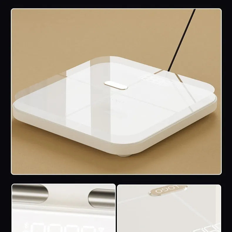 White 8-electrode body fat scale with tempered glass platform and LED display