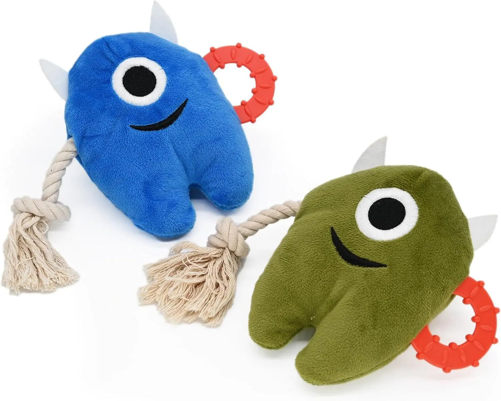 Large blue and green monster plush dog toy with integrated cotton rope sections for chewing and tug of war
