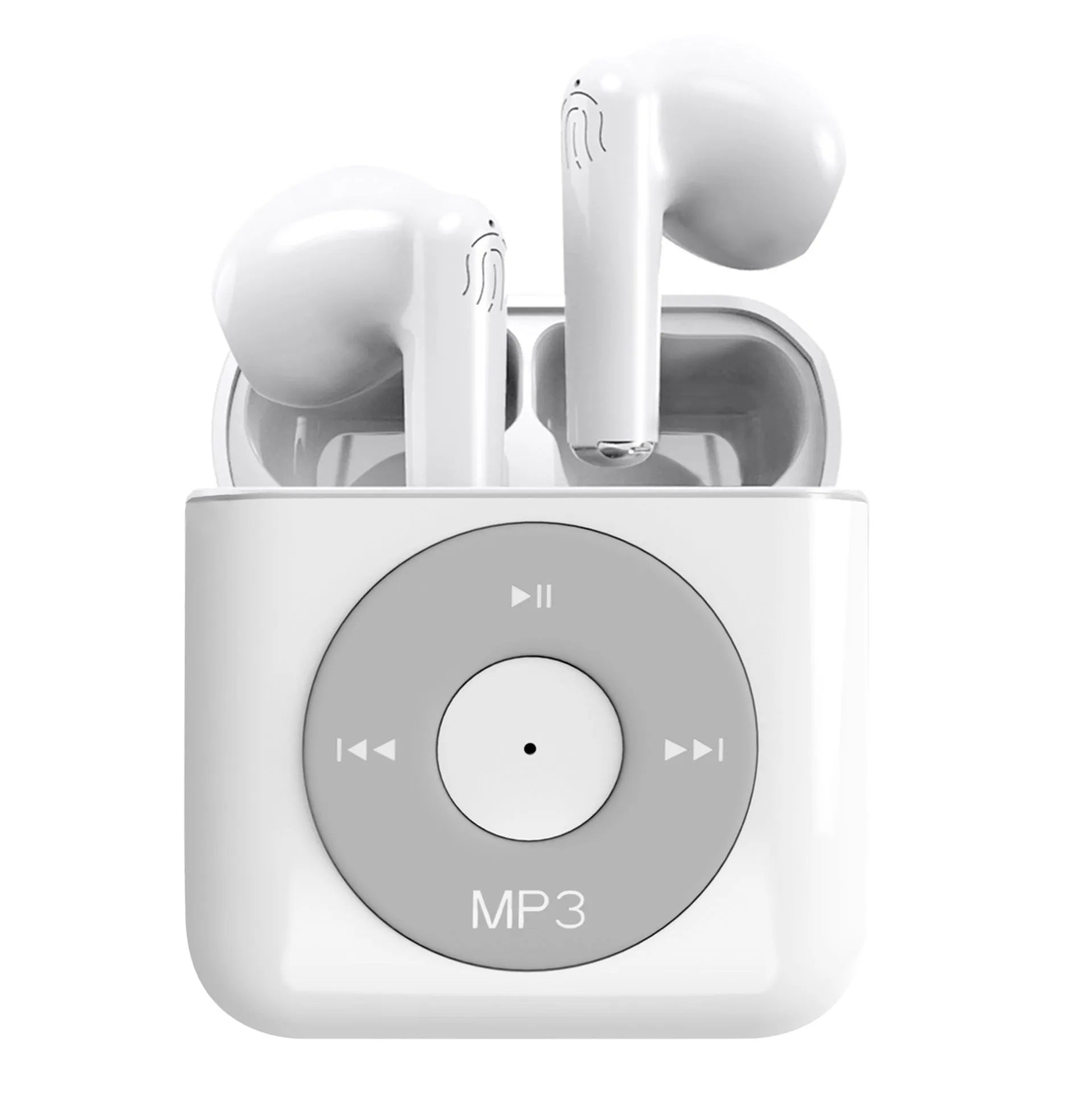 White wireless Bluetooth earphones with charging case, semi in-ear design with noise reduction.