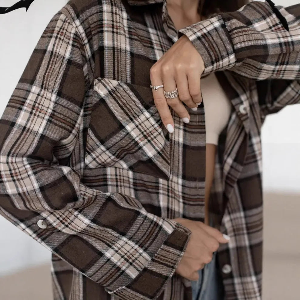 Dark brown retro striped women's shirt with long sleeves and button-up front