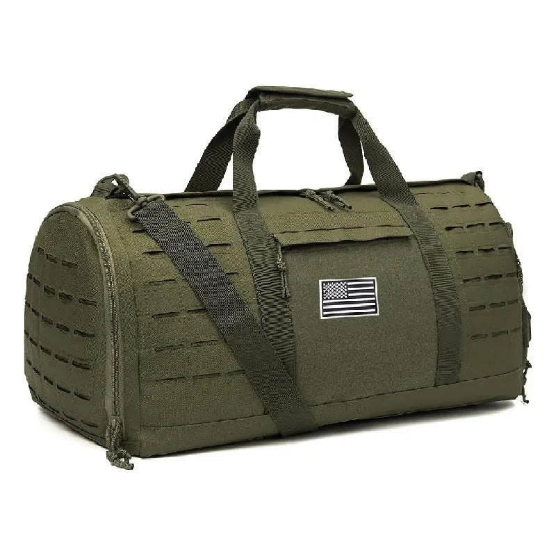 Men's khaki waterproof sports handbag with air pillow shoulder strap, showing 56x26x25cm size