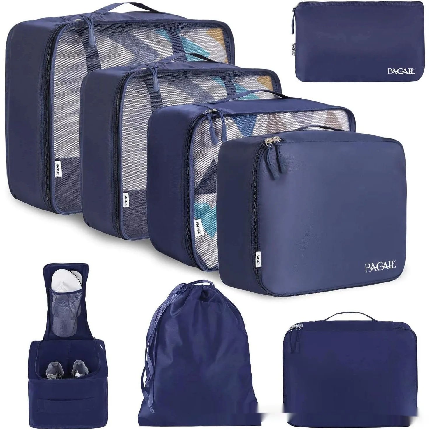Set of eight cubic travel packing bags for underwear organisation in various colours including solid shades and patterns