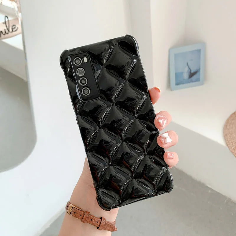 Silicone diamond back cover phone case for Huawei smartphones in black, green, pink, and white.