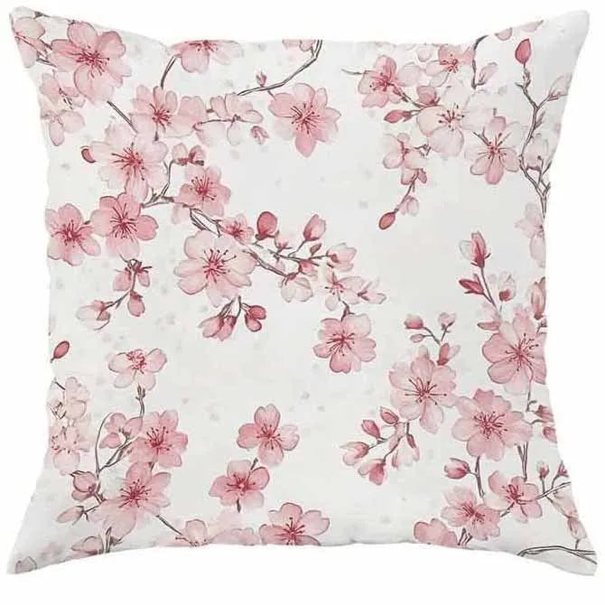 45cm square cherry blossom print cushion cover in short velvet fabric on a grey sofa.