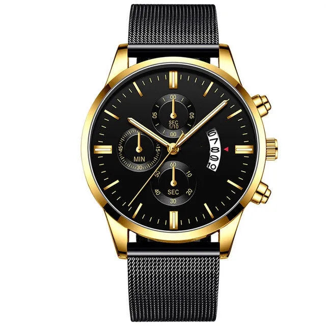 Men's stainless steel quartz watch with mesh band in a two-tone colour option.