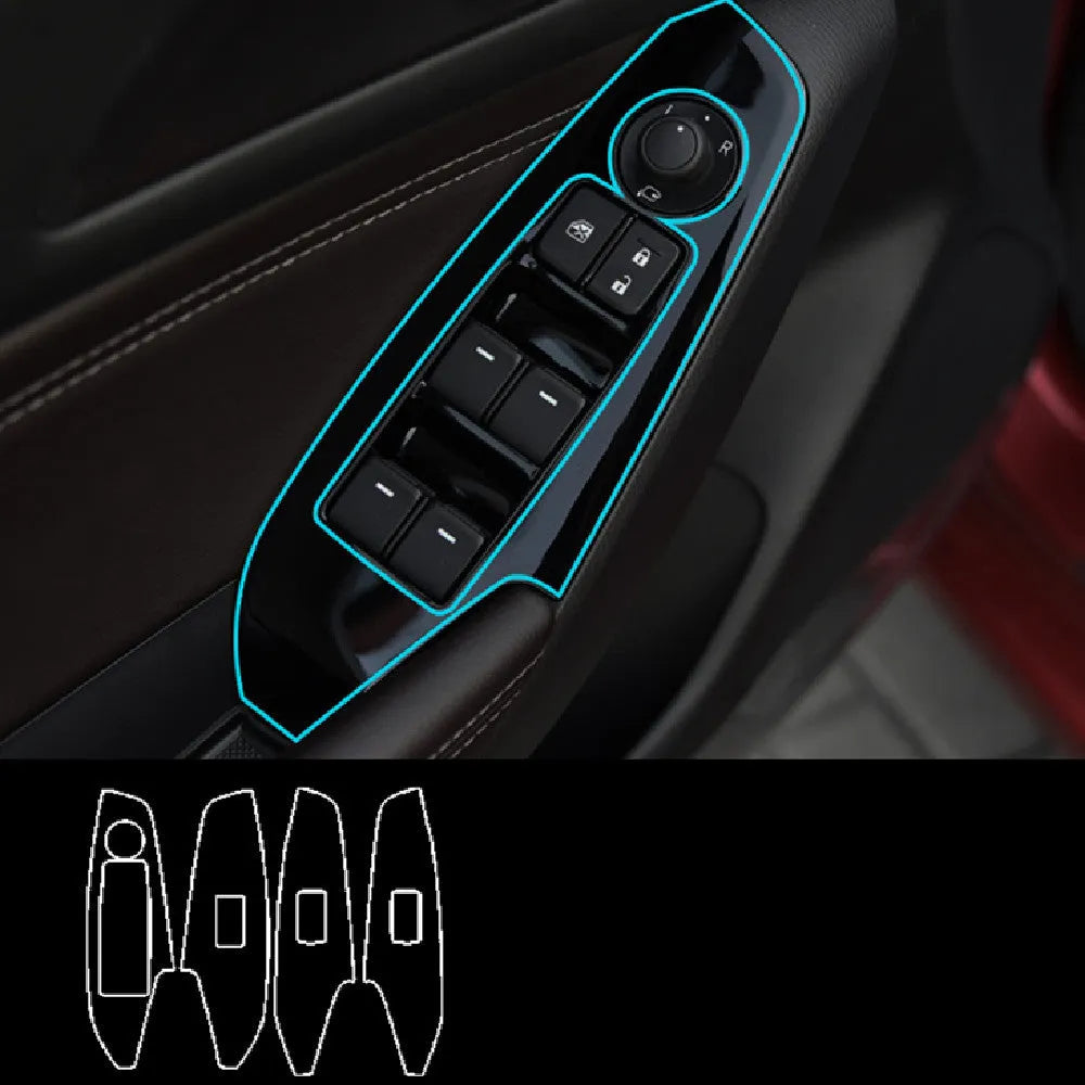 TPU protective film set for Ford Mustang door control panel switches in transparent, carbon fibre and matte black finishes