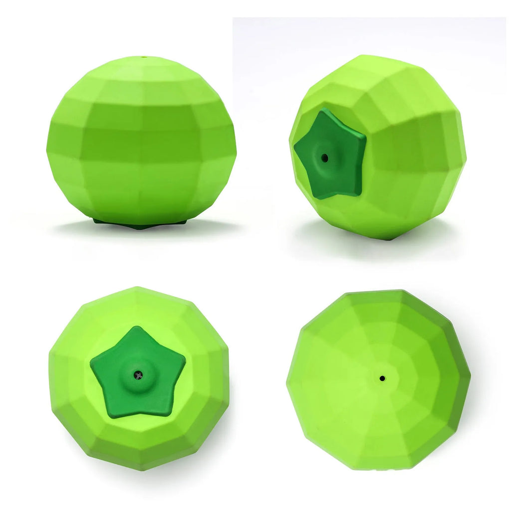 Green natural rubber squeaky dog ball toy for aggressive chewers, shown with dimensions 90mm.