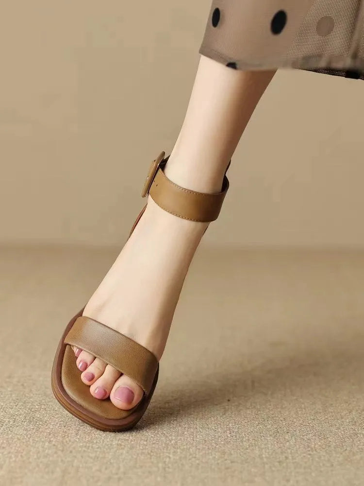 Women's retro ankle-strap platform high heels in khaki and white with round toe design