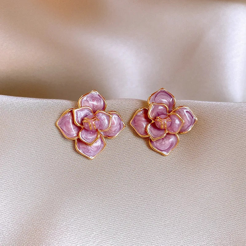 Purple oil-spot glaze flower stud earrings with gold-plated silver needle design on copper base