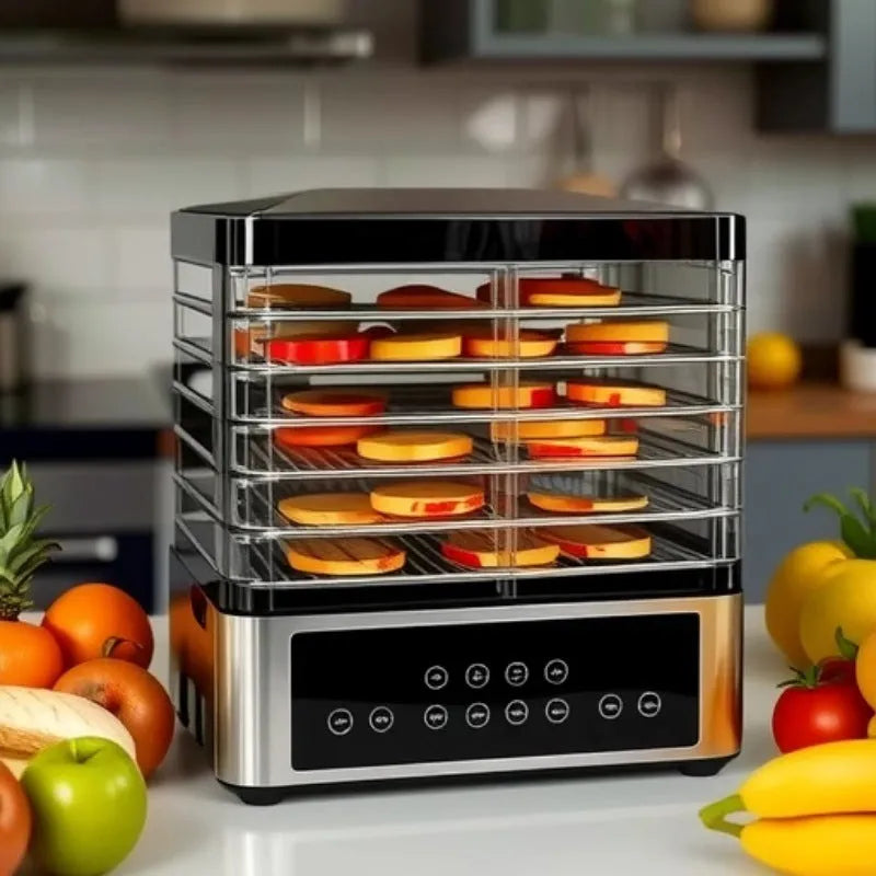 Silver stainless steel household fruit dehydrator with 14L capacity and temperature control dial