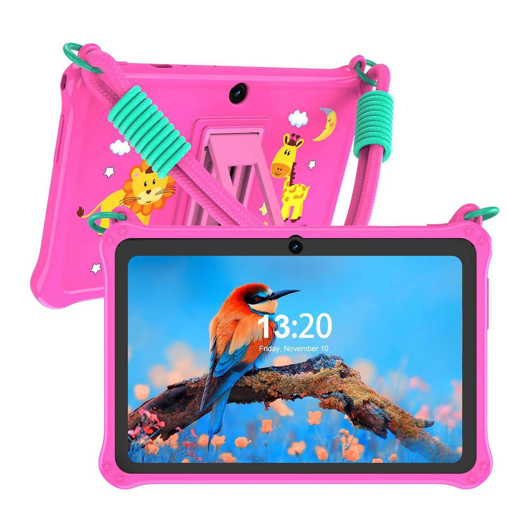 Sapphire blue silicone protective case with flat strap for a 7-inch children's tablet.