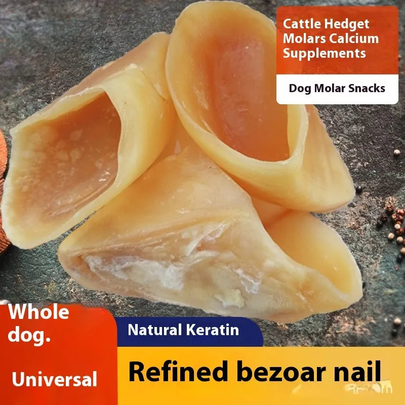 Natural cowhide dog chew rod in hoof shell colour, shown next to small and large size indicators.