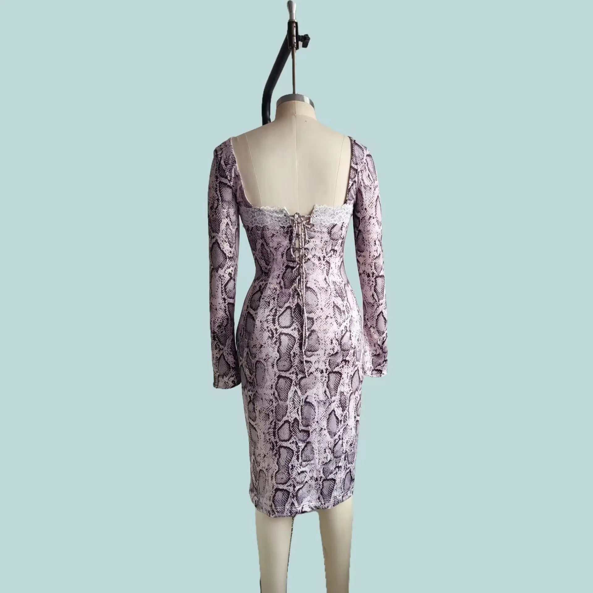 Grey digital printed lace dress with 3D effect pattern and slim fit A-line silhouette
