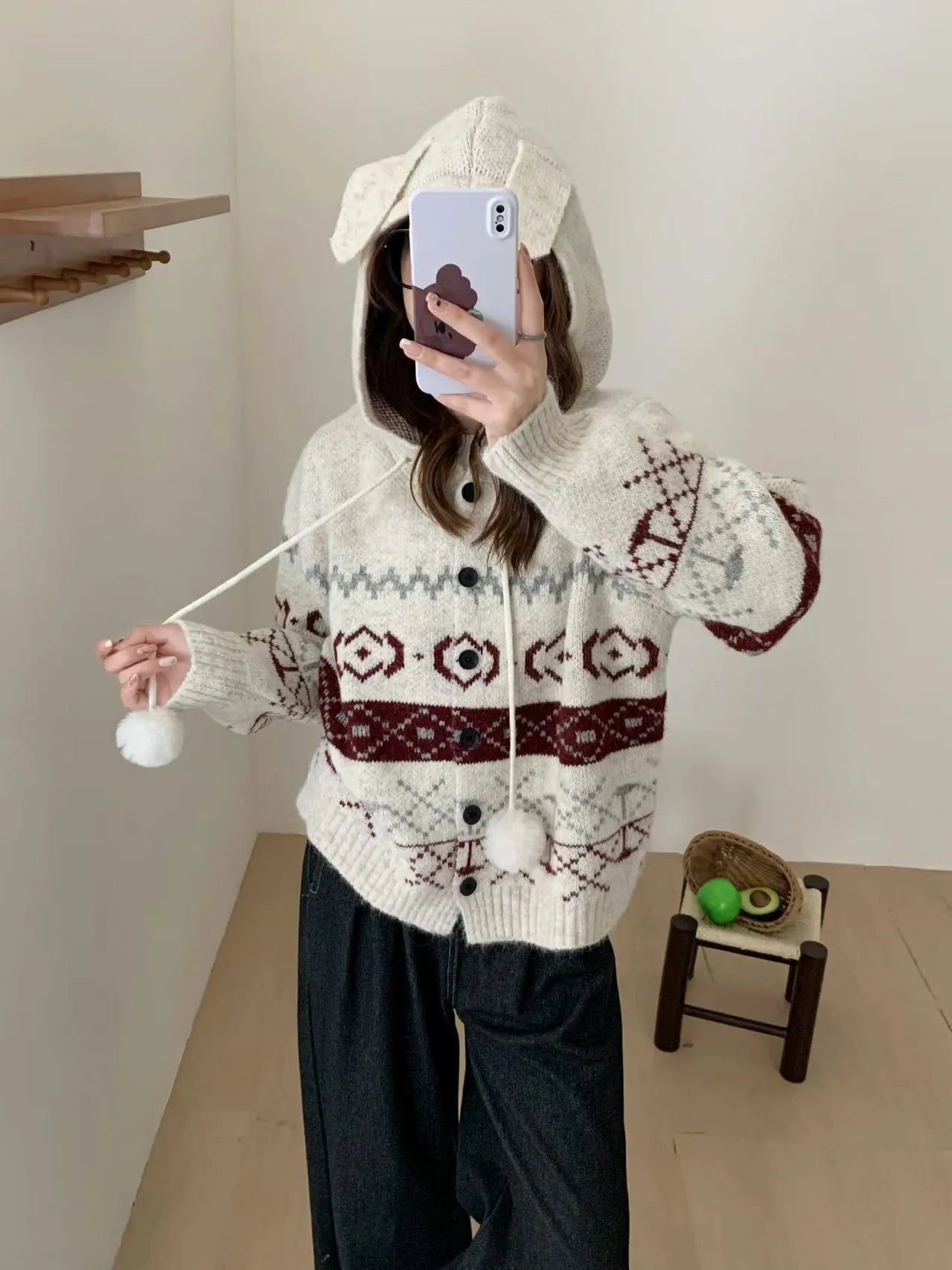 Plus size women's brocade sweater coat with geometric pattern in milky white beige colour