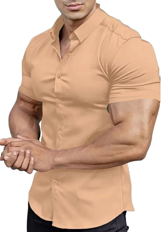 Men's brown short sleeve casual cardigan shirt with a collar.