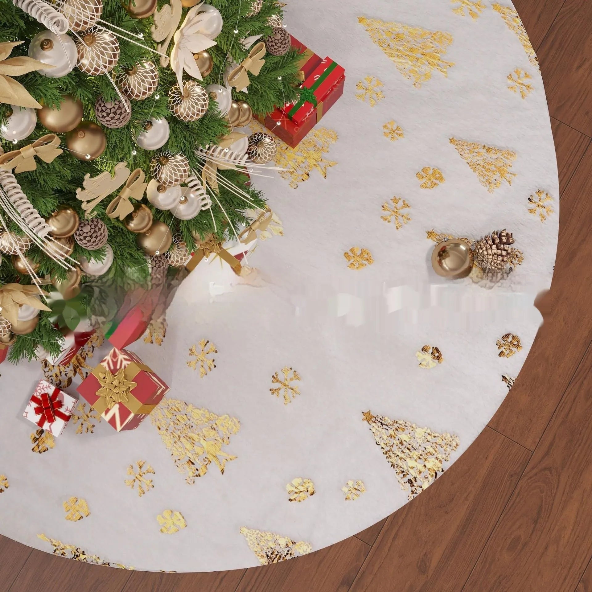 Plush red Christmas tree group mat with white snowflake XINGX pattern on a wooden floor.