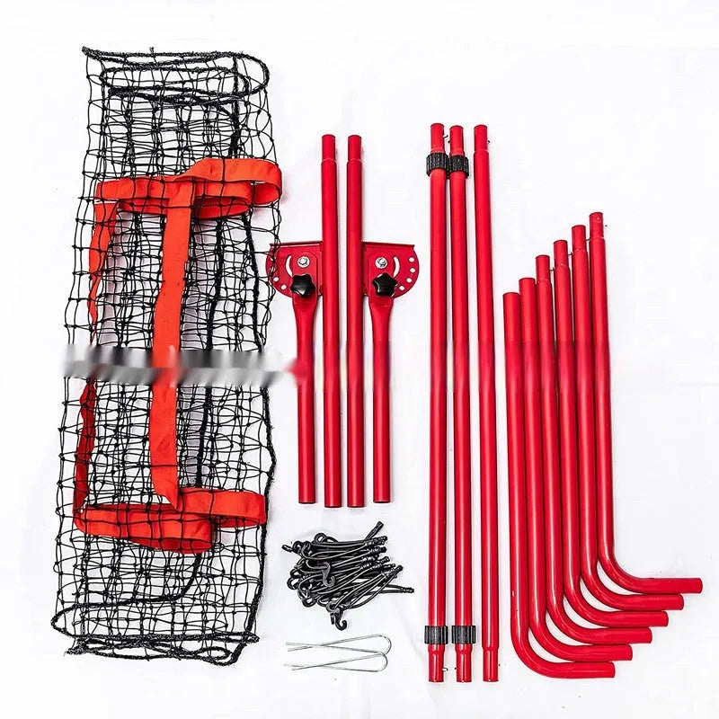 Red portable baseball training net with metal frame, adjustable 4x6FT size