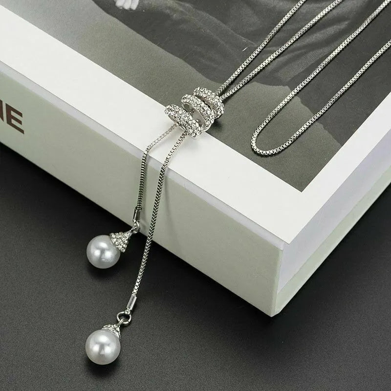 Alloy pearl necklace with twin-strand bamboo chain in silver finish