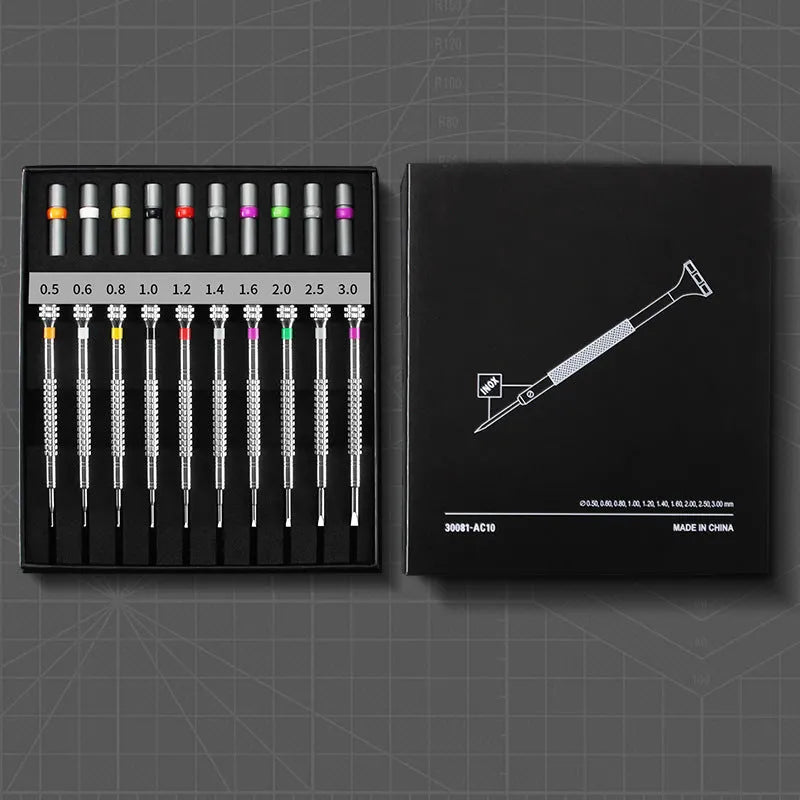 Boxed set of 10 precision screwdrivers and 20 spare bits for glasses and watch repair.