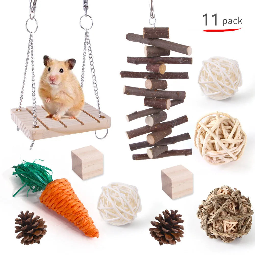 Wooden chew toy sets for rabbits, guinea pigs and parrots with various natural components