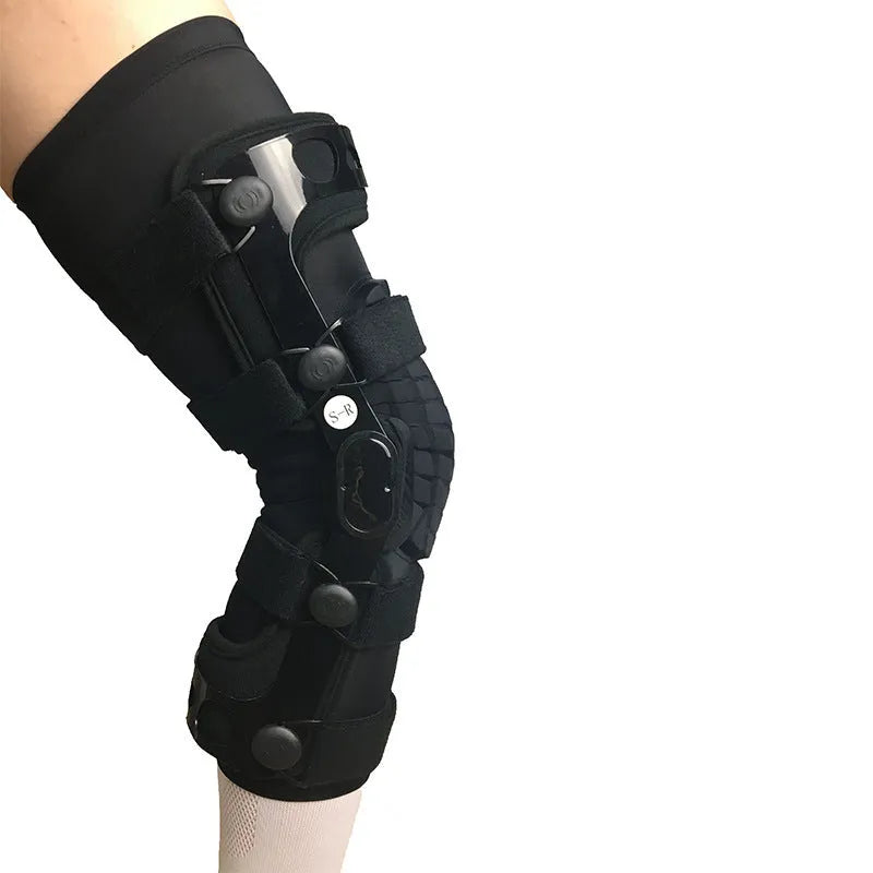 Black anterior ligament knee supporter brace showing left and right specific sizing options