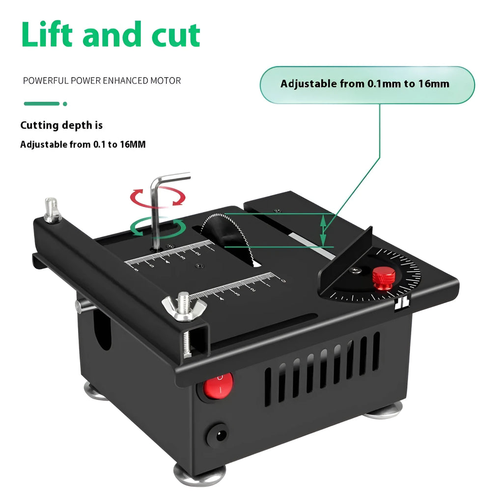 Lithium ion micro household desktop saw with metal construction showing multiple cutting angles