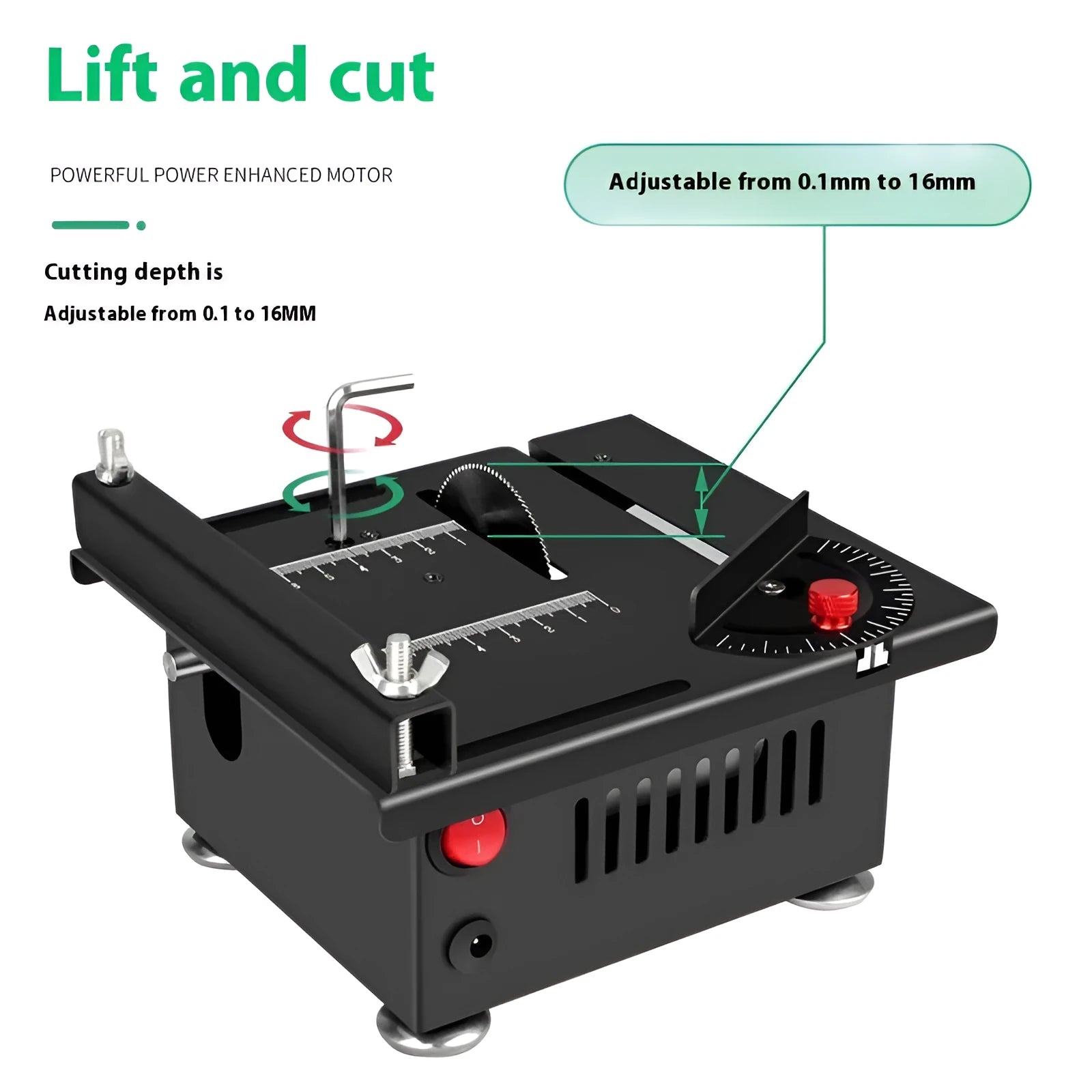 Lithium ion micro household desktop saw with metal construction showing multiple cutting angles