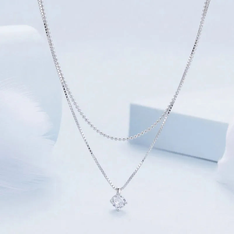 Women's silver double-layer necklace with pearl chain and matching pendant in S925 sterling silver